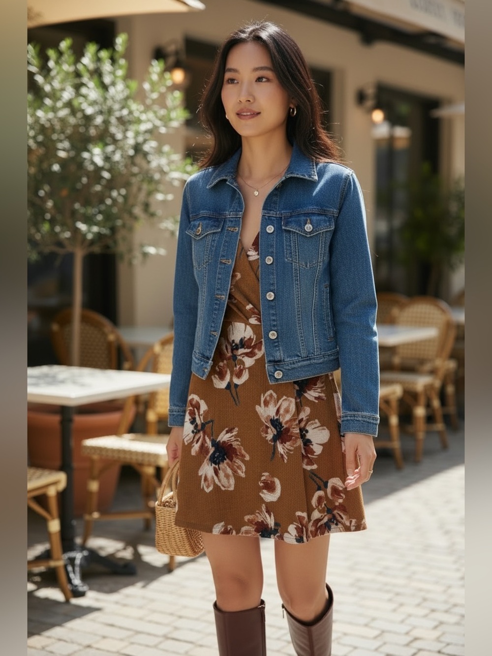 European Find Floral Wrap-Front Brown Short Dress